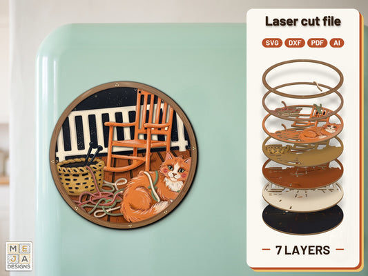Porch Cat Yarn Magnet laser cut file: the finished layered piece, hand painted
