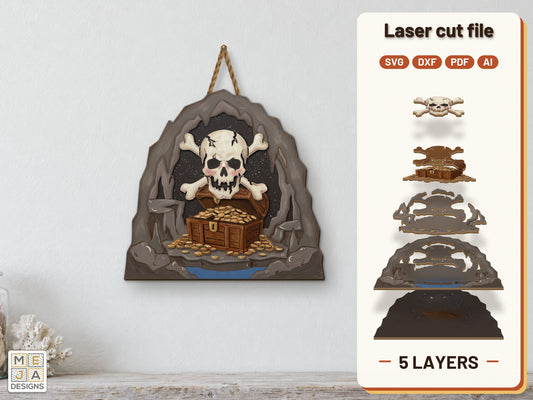 Pirate Skull Treasure Cave laser cut file: the finished layered piece, hand painted