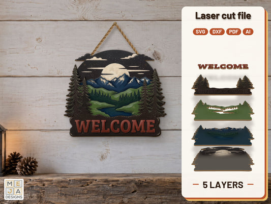 Mountain Sunset Welcome Sign laser cut file: the finished layered piece, hand painted