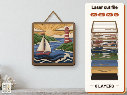 Lighthouse Bay Sailboat laser cut file: the finished layered piece, hand painted
