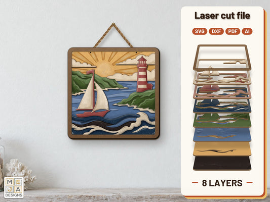 Lighthouse Bay Sailboat laser cut file: the finished layered piece, hand painted
