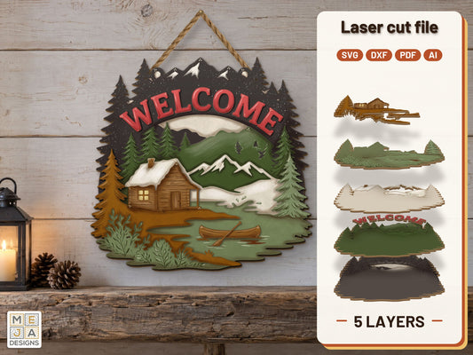 Lake Cabin Welcome Sign laser cut file: the finished layered piece, hand painted