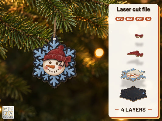 Snowman Snowflake Ornament laser cut file: the finished layered piece, hand painted