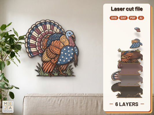 Patriotic Wild Turkey laser cut file: the finished layered piece, hand painted