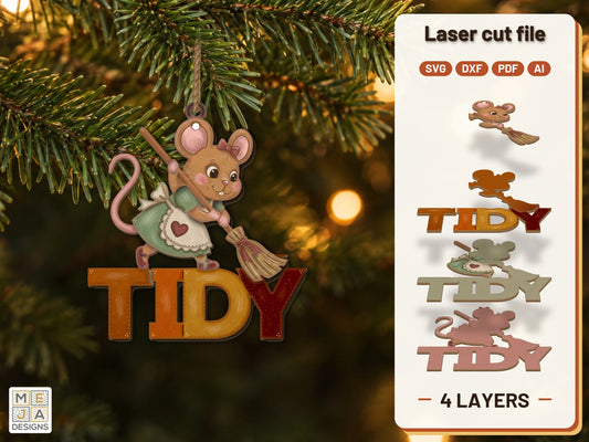 Tidy Mouse Ornament laser cut file: the finished layered piece, hand painted