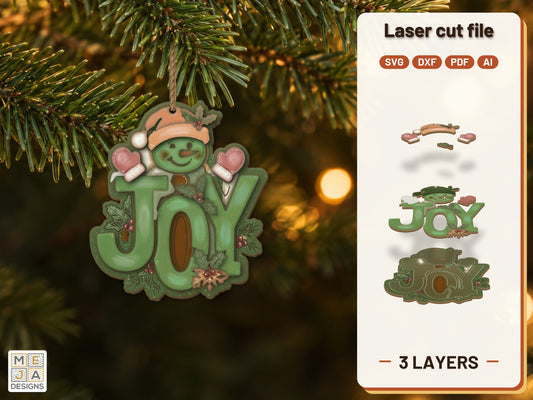 Snowman JOY Ornament laser cut file: the finished layered piece, hand painted