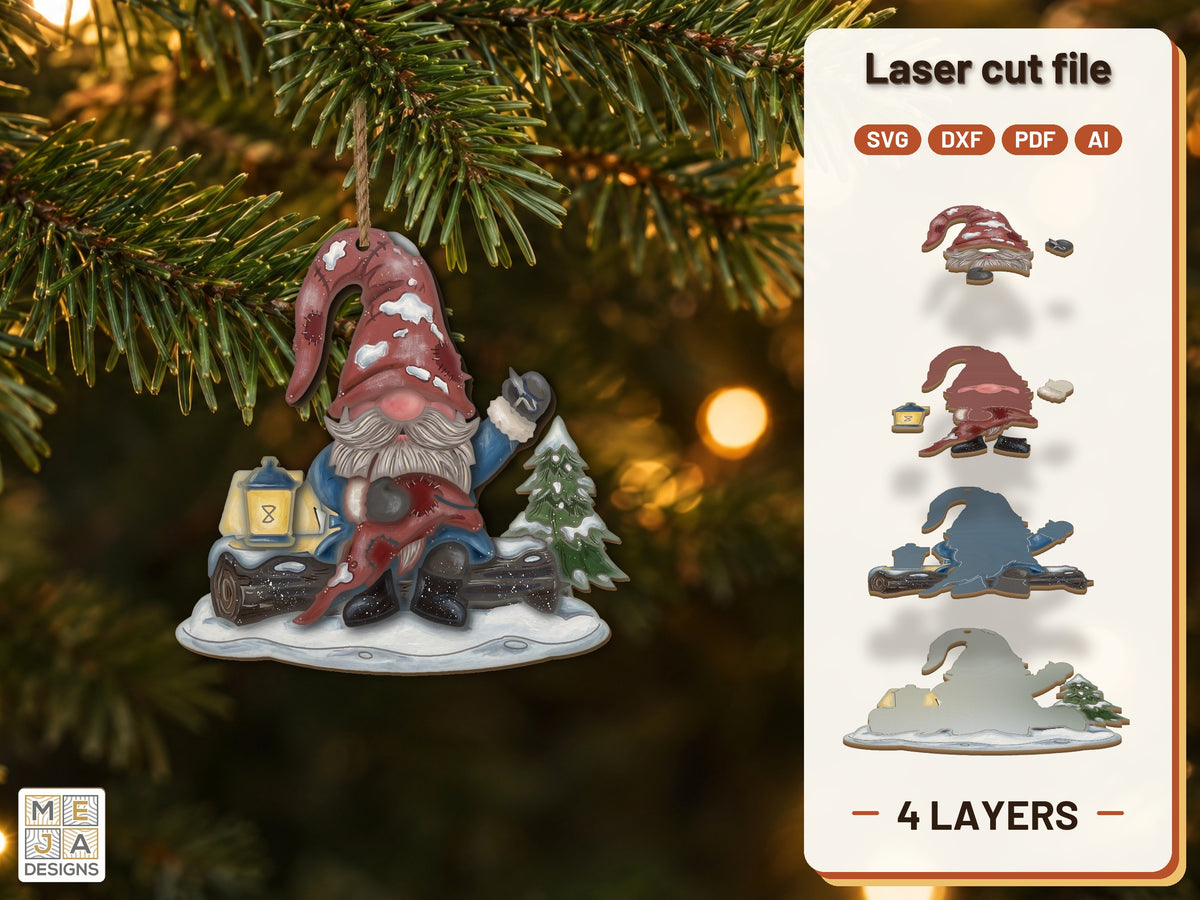 Gnome Patching Hat Ornament laser cut file: the finished layered piece, hand painted