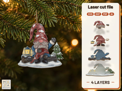 Gnome Patching Hat Ornament laser cut file: the finished layered piece, hand painted