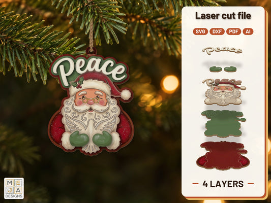 Peace Santa Ornament laser cut file: the finished layered piece, hand painted
