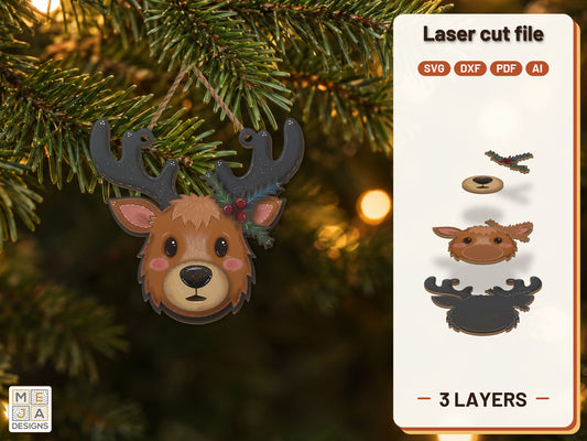 Reindeer Face Ornament laser cut file: the finished layered piece, hand painted