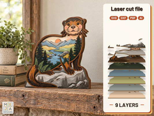 River Otter Shelf Sitter laser cut file: the finished layered piece, hand painted