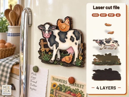 Wildflower Cow and Chickens Magnet laser cut file: the finished layered piece, hand painted