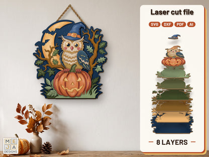 Witch Hat Owl Pumpkin laser cut file: the finished layered piece, hand painted