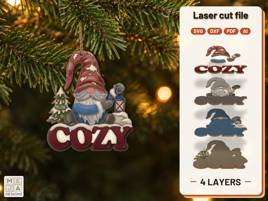 Cozy Gnome Lantern Ornament laser cut file: the finished layered piece, hand painted