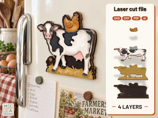 Holstein Cow and Hen Magnet laser cut file: the finished layered piece, hand painted