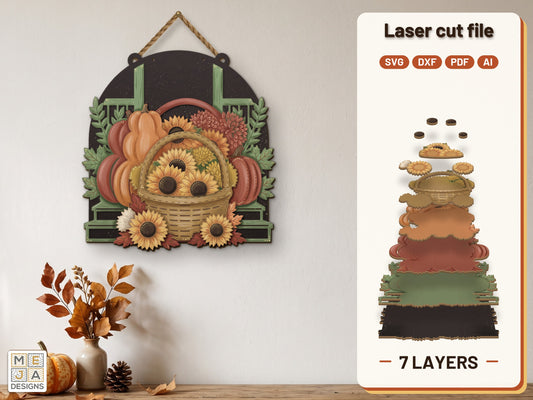 Harvest Basket Porch Sign laser cut file: the finished layered piece, hand painted
