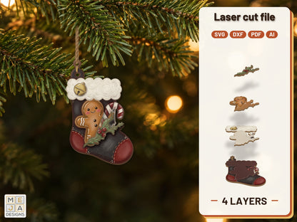Gingerbread Stocking Ornament laser cut file: the finished layered piece, hand painted