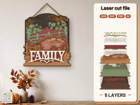 Harvest Wagon Family Sign laser cut file: the finished layered piece, hand painted