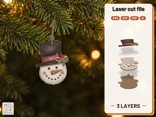 Frosty Snowman Ornament laser cut file: the finished layered piece, hand painted