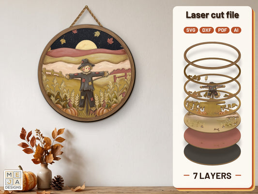 Harvest Scarecrow Cornfield Sign laser cut file: the finished layered piece, hand painted