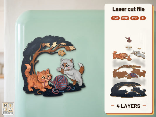 Kittens Yarn Autumn Magnet laser cut file: the finished layered piece, hand painted