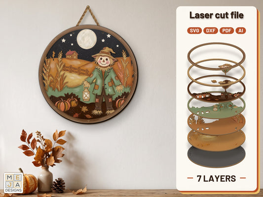 Moonlit Scarecrow Cornfield Sign laser cut file: the finished layered piece, hand painted