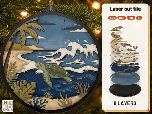 Sea Turtle Beach Ornament laser cut file: the finished layered piece, hand painted