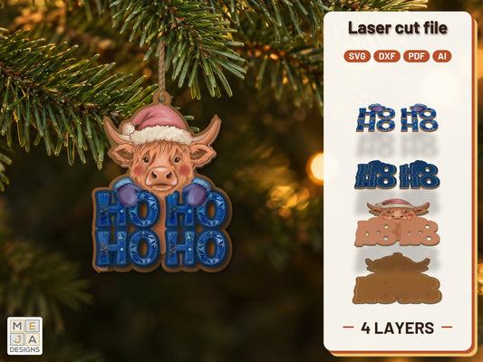 Highland Cow HO HO HO Ornament laser cut file: the finished layered piece, hand painted