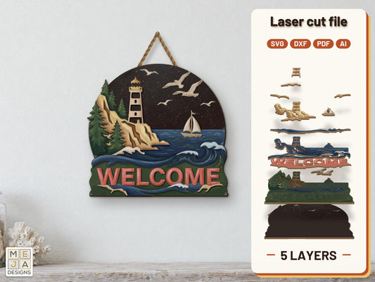Lighthouse Welcome Sign laser cut file: the finished layered piece, hand painted
