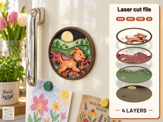 Puppy Meadow Magnet laser cut file: the finished layered piece, hand painted