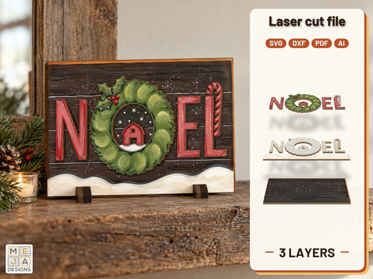 Rustic Wreath NOEL Sign laser cut file: the finished layered piece, hand painted