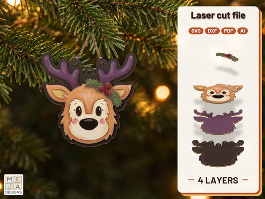 Reindeer Face Ornament laser cut file: the finished layered piece, hand painted
