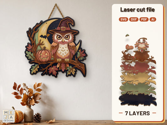 Witch Hat Owl Sign laser cut file: the finished layered piece, hand painted