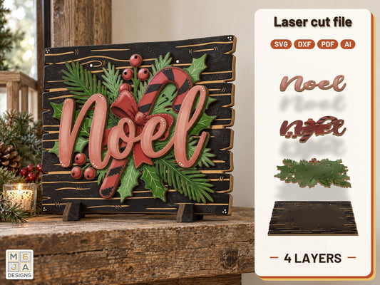 Rustic Noel Plank Sign laser cut file: the finished layered piece, hand painted
