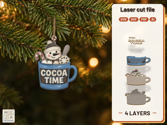 Cocoa Time Snowman Ornament laser cut file: the finished layered piece, hand painted