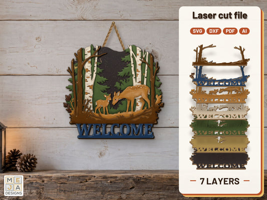 Deer Forest Welcome Sign laser cut file: the finished layered piece, hand painted