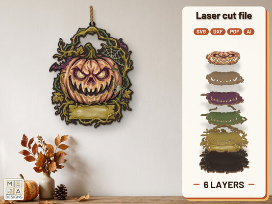 Spooky Bats Jack-O'-Lantern Hanger laser cut file: the finished layered piece, hand painted