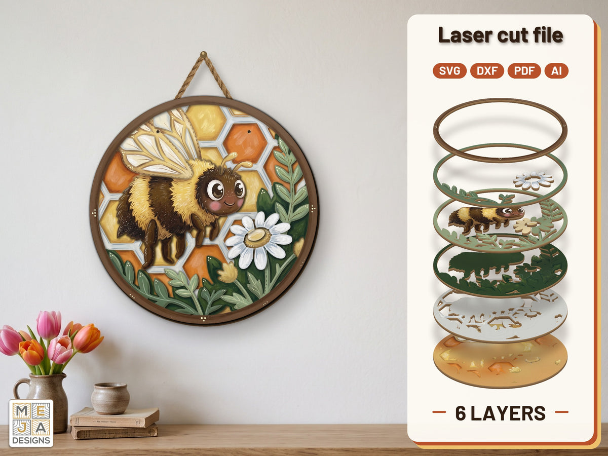 Honeycomb Bee Hanger laser cut file: the finished layered piece, hand painted