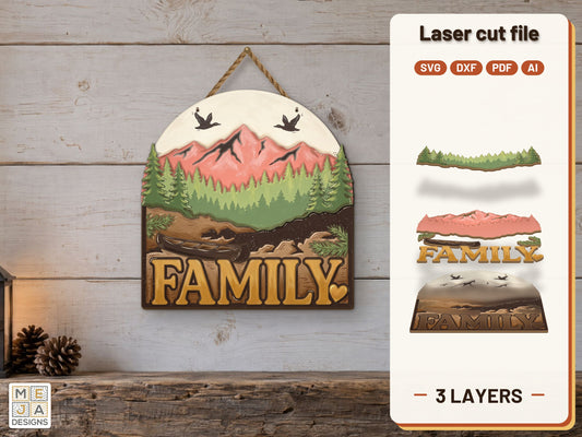 Family Lakeside Canoe Sign laser cut file: the finished layered piece, hand painted
