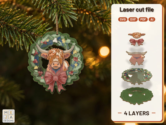 Highland Cow Wreath Ornament laser cut file: the finished layered piece, hand painted