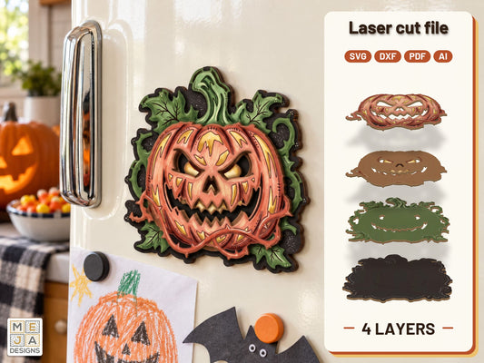 Scowling Jack-O'-Lantern Magnet laser cut file: the finished layered piece, hand painted