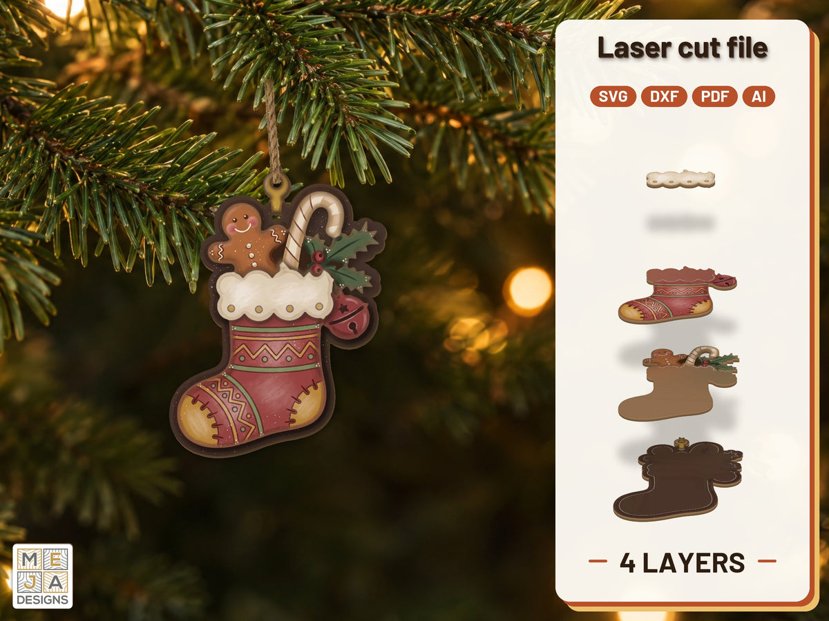 Gingerbread Christmas Stocking Ornament laser cut file: the finished layered piece, hand painted