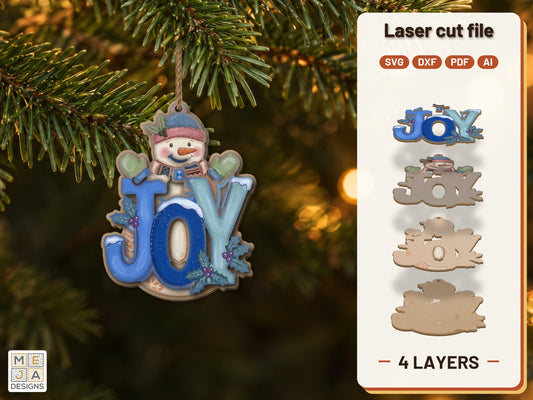 Snowman JOY Ornament laser cut file: the finished layered piece, hand painted