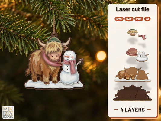 Highland Cow Snowman Ornament laser cut file: the finished layered piece, hand painted