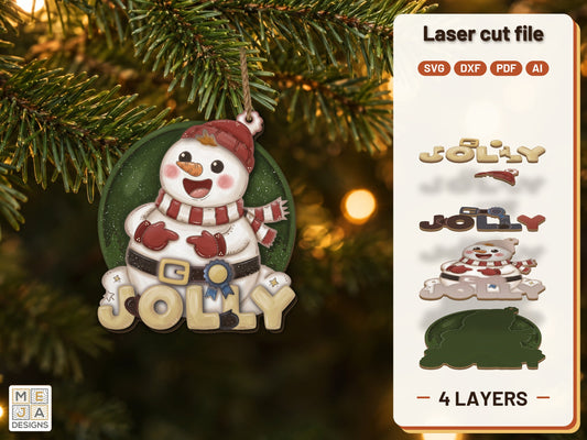 Jolly Snowman Ornament laser cut file: the finished layered piece, hand painted