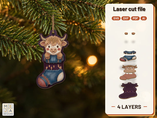 Highland Calf Stocking Ornament laser cut file: the finished layered piece, hand painted