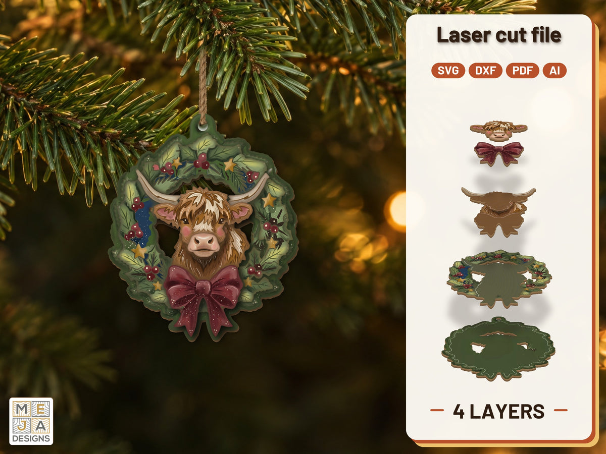 Highland Cow Wreath Ornament laser cut file: the finished layered piece, hand painted