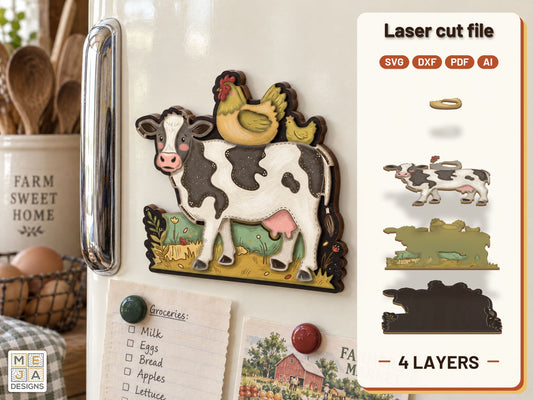 Cow and Hens Magnet laser cut file: the finished layered piece, hand painted