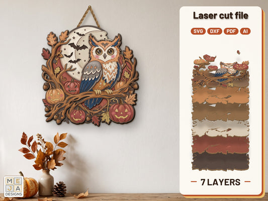 Autumn Moon Owl Sign laser cut file: the finished layered piece, hand painted