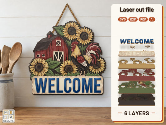 Barn Rooster Welcome Sign laser cut file: the finished layered piece, hand painted